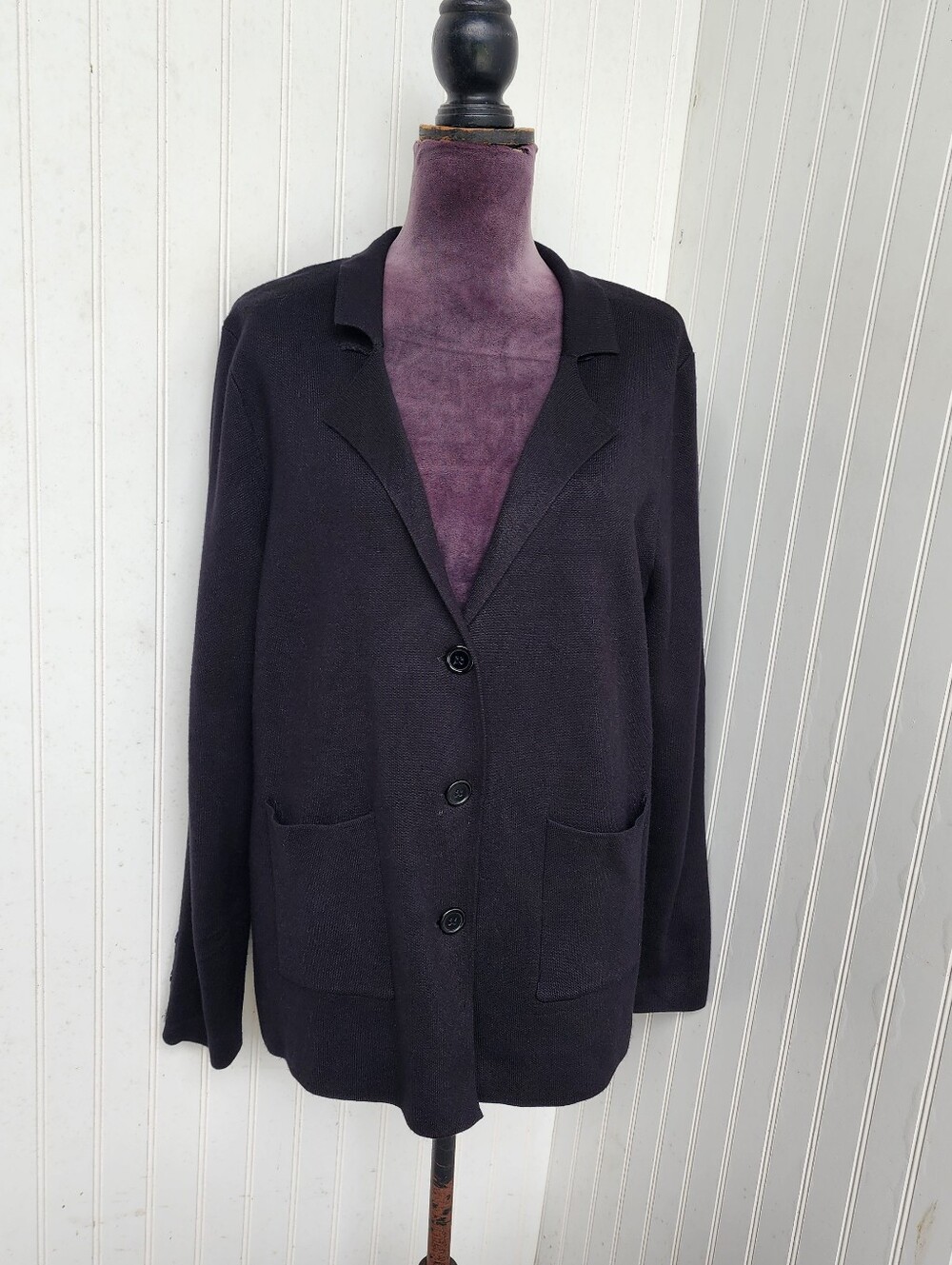 Kancy Kole Blazer Women Black Button Up Knit Jacket Collar Long Sleeve Rayon 2XL
